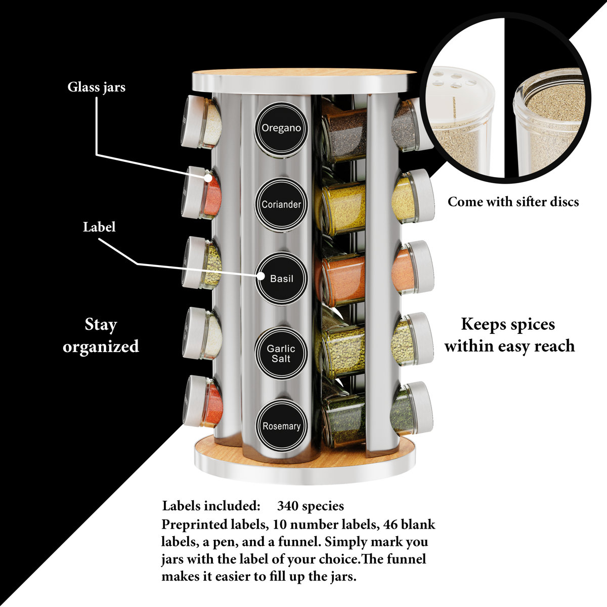 Revolving Spice Rack with 20 Jars and 386 Labels, Countertop and Cabinet Spice Tower Organizer